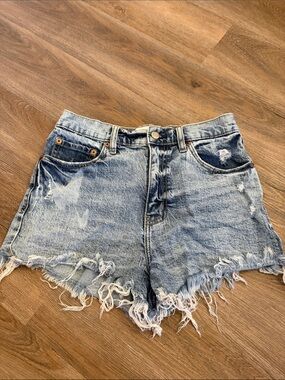 High-Rise Light Blue Distressed Denim Shorts